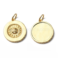 Brass Pendants, Cadmium Free & Lead Free, with Jump Ring, Long-Lasting Plated, Flat Round with Sun Charm, Real 18K Gold Plated, 19x17x3mm, Hole: 4.4mm(KK-D030-03G)