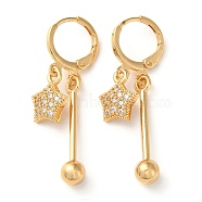 Rhinestone Star Leverback Earrings, Brass Bar Drop Earrings for Women, Light Gold, 37mm(EJEW-K256-19KCG)