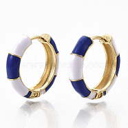 Brass Huggie Hoop Earrings, with Two Tone Enamel, Real 18K Gold Plated, Bamboo Shape, Blue, 23x24x6mm, Pin: 1x1.5mm(EJEW-S209-08B)