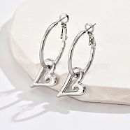 304 Stainless Steel Dangle Hoop Earrings, Heart, Stainless Steel Color, 40x15mm(SU2975-2)