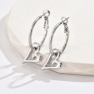 Non-Tarnish 304 Stainless Steel Dangle Hoop Earrings, Heart, Stainless Steel Color, 40x15mm(SU2975-2)