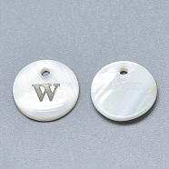 Natural White Shell Mother of Pearl Shell Charms, with Iron Sticker, Flat Round with Letter, Letter.W, 13x2mm, Hole: 1.5mm(SSHEL-N036-053W)