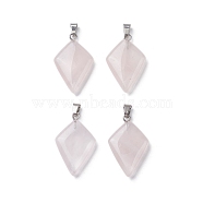 Natural Rose Quartz Pendants, Kite Charms with Stainless Steel Color Plated Stainless Steel Snap on Bails, 28~28.5x18x5.5~6mm, Hole: 5.5x3.5mm(G-C110-05A-P)