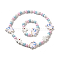 Maple Wood & Acrylic Jewelry Set, Beaded Necklace & Stretch Bracelet for Kids, Unicorn, Bracelet: Inner Diameter: 1-1/2 inch(3.8cm), Necklace: 1-1/2 inch(3.92cm)(SJEW-C003-02G)
