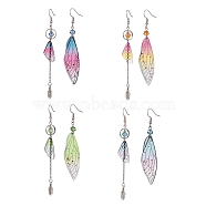 4 Set 4 Color Resin Wing with Feather Asymmetrical Earrings, Glass Bead Long Tassel Dangle Earrings for Women, Mixed Color, 80~100mm, Pin: 0.7mm, 2Pcs/set, 1 Set/color(EJEW-TA00175)
