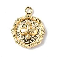 Brass Pendants, Textured, Real 18K Gold Plated, Flat Round with Playing Cards Charm, Club, 15.5x12.5x2.5mm, Hole: 1.4mm(KK-F846-01A-G)