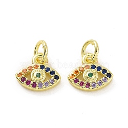 Brass Micro Pave Colorful Cubic Zirconia Charms, with Jump Ring, Eye Charm, Real 18K Gold Plated, 8x9x2mm, Hole: 3.2mm(KK-E068-VF078)