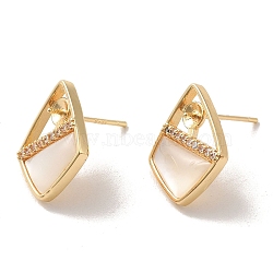 Golden Brass Micro Pave Cubic Zirconia Stud Earring Findings, with Shell, Earring Settings for Half Drilled Beads, Rhombus, Tray: 3mm, 17.5x14mm, Pin: 11x0.7mm and 0.9mm(KK-P253-04A-G)