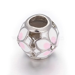 Hollow 304 Stainless Steel European Beads, with Enamel and Rhinestone, Large Hole Beads, Round with Flower, Stainless Steel Color, Lavender Blush, 10.5mm, Hole: 4.5mm(OPDL-L013-21P)