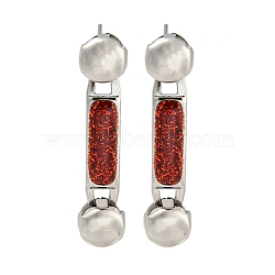 304 Stainless Steel Enamel Stud Earrings, for Women, Rectangle with Round, Stainless Steel Color, FireBrick, 36x8mm(EJEW-S229-15P-09)