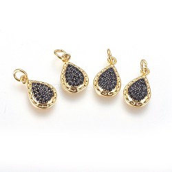Brass Micro Pave Cubic Zirconia Charms, with Jump Ring, Teardrop, Black, Gunmetal & Golden, 14x9x3mm, Hole: 2.5mm(ZIRC-G150-06A)