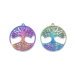Ion Plating(IP) 201 Stainless Steel Pendant, Hollow Charms, Flat Round with Tree of Life, Rainbow Color, 38x35x1.5mm, Hole: 2mm(STAS-B027-13MC)