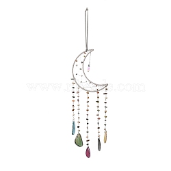 Mixed Gemstone Chips Beaded Moon Hanging Sun Catchers, with Glass Bullet and Natural Agate, with Iron Findings, 660mm(HJEW-M004-01)