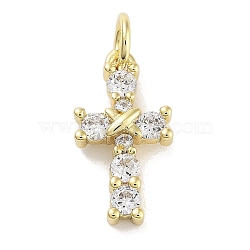 Rack Plating Brass Clear Cubic Zirconia Pendants, with Jump Ring, Long-Lasting Plated, Lead Free & Cadmium Free,  Ltter X with Cross, Real 18K Gold Plated, 15.5x8x3mm, Hole: 3mm(KK-M293-13G)