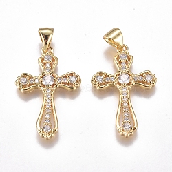 Brass Micro Pave Cubic Zirconia Pendants, Long-Lasting Plated, Cross, Clear, Golden, 25.5x16.5x3mm, Hole: 4x5mm(ZIRC-G168-27G)