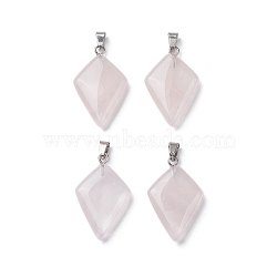 Natural Rose Quartz Pendants, Kite Charms with Stainless Steel Color Plated Stainless Steel Snap on Bails, 28~28.5x18x5.5~6mm, Hole: 5.5x3.5mm(G-C110-05A-P)