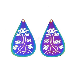 Rainbow Color 201 Stainless Steel Pendants, Etched Metal Embellishments, Teardrop with Flower, Rainbow Color, 35x20.5x0.3mm, Hole: 1.4mm(X-STAS-N102-22M)