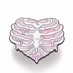 Heart Skeleton Enamel Pin, Halloween Alloy Badge for Backpack Clothes, Electrophoresis Black, Pink, 26.5x30.5x1.5mm, Pin: 1.2mm(JEWB-M023-23)