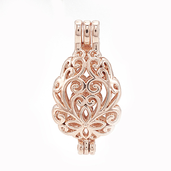 Alloy Bead Cage Pendants, Hollow, teardrop, Rose Gold, 31.5x16x9mm, Hole: 3.5x2mm, Inner Measure: 20x14mm