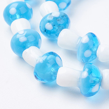 Handmade Lampwork Beads Strands, Mushroom, Deep Sky Blue, 11.5~14.5x9~11mm, Hole: 1mm, about 25pc/strand, 13.54 inch(34.4cm)