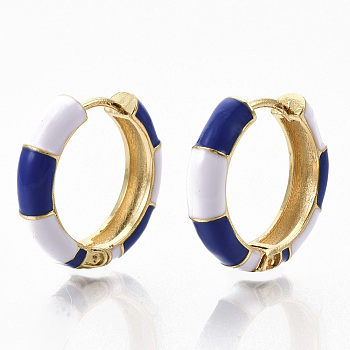 Brass Huggie Hoop Earrings, with Two Tone Enamel, Real 18K Gold Plated, Bamboo Shape, Blue, 23x24x6mm, Pin: 1x1.5mm