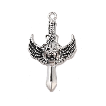 Alloy Enamel Big Pendants, Antique Silver, Sword with Wing Charm, Lion, 66.5x38x10mm, Hole: 4mm