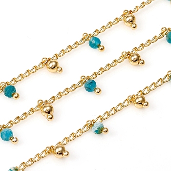 3.28 Feet Handmade Faceted Natural Apatite Beaded Chains, Brass Curb Chains, Soldered, Long-Lasting Plated, Golden, 3x1.8x0.8mm, Beads: 6x3mm