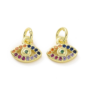 Brass Micro Pave Colorful Cubic Zirconia Charms, with Jump Ring, Eye Charm, Real 18K Gold Plated, 8x9x2mm, Hole: 3.2mm