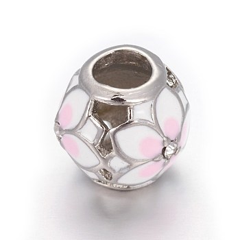 Hollow 304 Stainless Steel European Beads, with Enamel and Rhinestone, Large Hole Beads, Round with Flower, Stainless Steel Color, Lavender Blush, 10.5mm, Hole: 4.5mm
