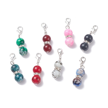 8Pcs Baking Painted Glass Beaded Pendant Decorations, with Iron Flat Head Pin, Iron Rhinestone Spacer Beads & Alloy Lobster Claw Clasp, Gourd-shaped, Silver Color Plated, 42~42.5mm