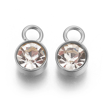 Glass Rhinestone Charms, Birthstone Charms, with Stainless Steel Color Tone 201 Stainless Steel Findings, Flat Round, Crystal, 10x6x5mm, Hole: 2mm