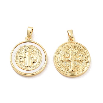 Rack Plating Brass Pave Shell Flat Round Pendants, Saint Benedict Medal Charms, Cadmium Free & Lead Free, Long-Lasting Plated, Real 18K Gold Plated, 22x19x3mm, Hole: 5x2mm