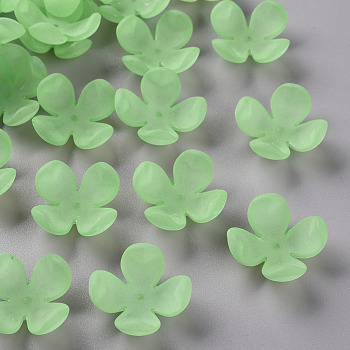 Frosted Acrylic Bead Caps, 4-Petal, Flower, Light Green, 27x27x11mm, Hole: 1.8mm, about 276pcs/500g