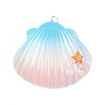 Opaque Resin Pendants, with Platinum Tone Iron Loop, Two Tone, Shell with Star, Misty Rose, 33.5~34.5x31.5~32.5x8.5mm, Hole: 2mm