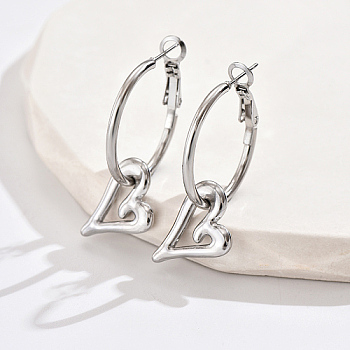 304 Stainless Steel Dangle Hoop Earrings, Heart, Stainless Steel Color, 40x15mm