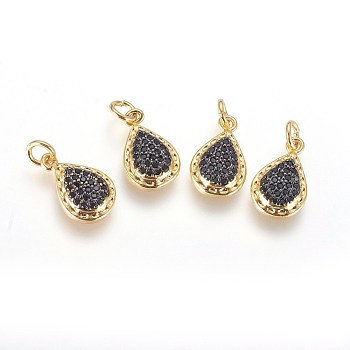 Brass Micro Pave Cubic Zirconia Charms, with Jump Ring, Teardrop, Black, Gunmetal & Golden, 14x9x3mm, Hole: 2.5mm