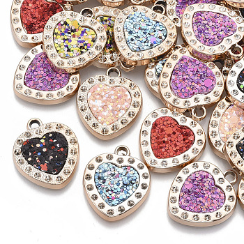 UV Plating Acrylic Pendant Rhinestone Settings, with Imitation Leather inlaid Glitter Sequins/Paillette, Light Gold, Heart, Mixed Color, Fit for 1.5mm Rhinestone, 25.5x21.5x3mm, Hole: 2.5mm