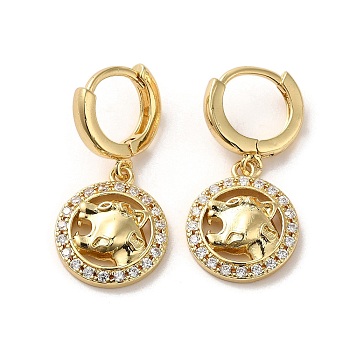 Leopard Head Real 18K Gold Plated Brass Dangle Hoop Earrings, with Cubic Zirconia, Clear, 32.5x36mm