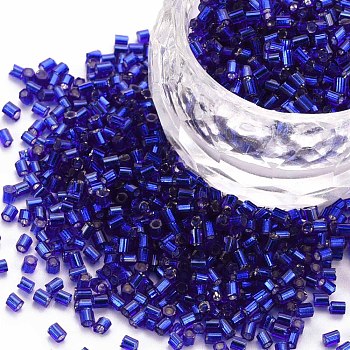 Glass Bugle Beads, Silver Lined, Blue, 1.8~2.2x1.8~2mm, Hole: 0.8~0.9mm, about 15000pcs/pound