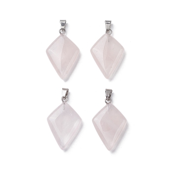 Natural Rose Quartz Pendants, Kite Charms with Stainless Steel Color Plated Stainless Steel Snap on Bails, 28~28.5x18x5.5~6mm, Hole: 5.5x3.5mm