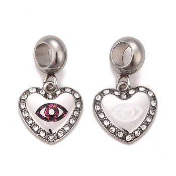 304 Stainless Steel Crystal Rhinestone European Dangle Charms, Large Hole Pendants, with Enamel & Fluorescence Slice, Stainless Steel Color, Heart with Horse Eye, Mixed Color, 22.5mm, Hole: 4.5mm