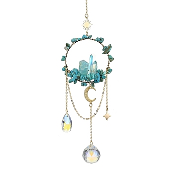 Synthetic Turquoise & Dyed Natural Quartz Crystal with Glass Pendant Decorations, Teardrop & Ring, 270mm
