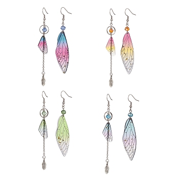 4 Set 4 Color Resin Wing with Feather Asymmetrical Earrings, Glass Bead Long Tassel Dangle Earrings for Women, Mixed Color, 80~100mm, Pin: 0.7mm, 2Pcs/set, 1 Set/color
