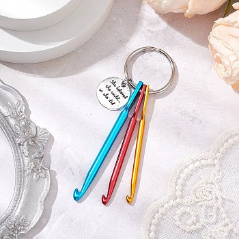 Aluminum Crochet Hooks Keychain, with Iron Key Rings, Alloy Flat Round, Colorful, 102.5mm