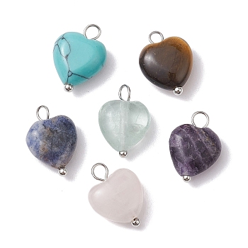 Natural & Synthetic Mixeed Gemstone Heart Charms, with Copper Wire Loops, Platinum, 14.5x10x5mm, Hole: 2.3mm