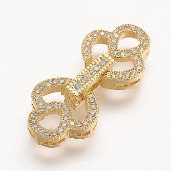 Brass Micro Pave Cubic Zirconia Fold Over Clasps, Flower, Golden, 28x12x5mm, Hole: 1mm