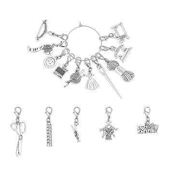 Sewing Theme Alloy Locking Stitch Markers, with Lobster Claw Clasps, Mxied Sewing Tools, Antique Silver & Platinum, 2.8~5cm, 15pcs/set