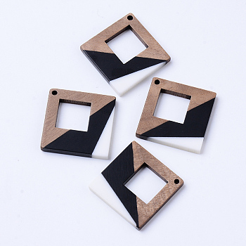Resin & Walnut Wood Pendants, Rhombus, Creamy White, 37x37x3mm, Hole: 2mm