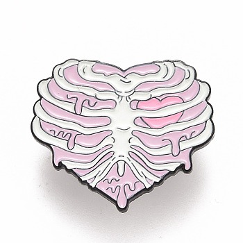 Heart Skeleton Enamel Pin, Halloween Alloy Badge for Backpack Clothes, Electrophoresis Black, Pink, 26.5x30.5x1.5mm, Pin: 1.2mm
