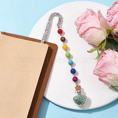 7 Chakra Gemstone Bead & Natural Green Aventurine Glass Heart Wishing Bottle Pendant Bookmarks(AJEW-JK00313-06)-2